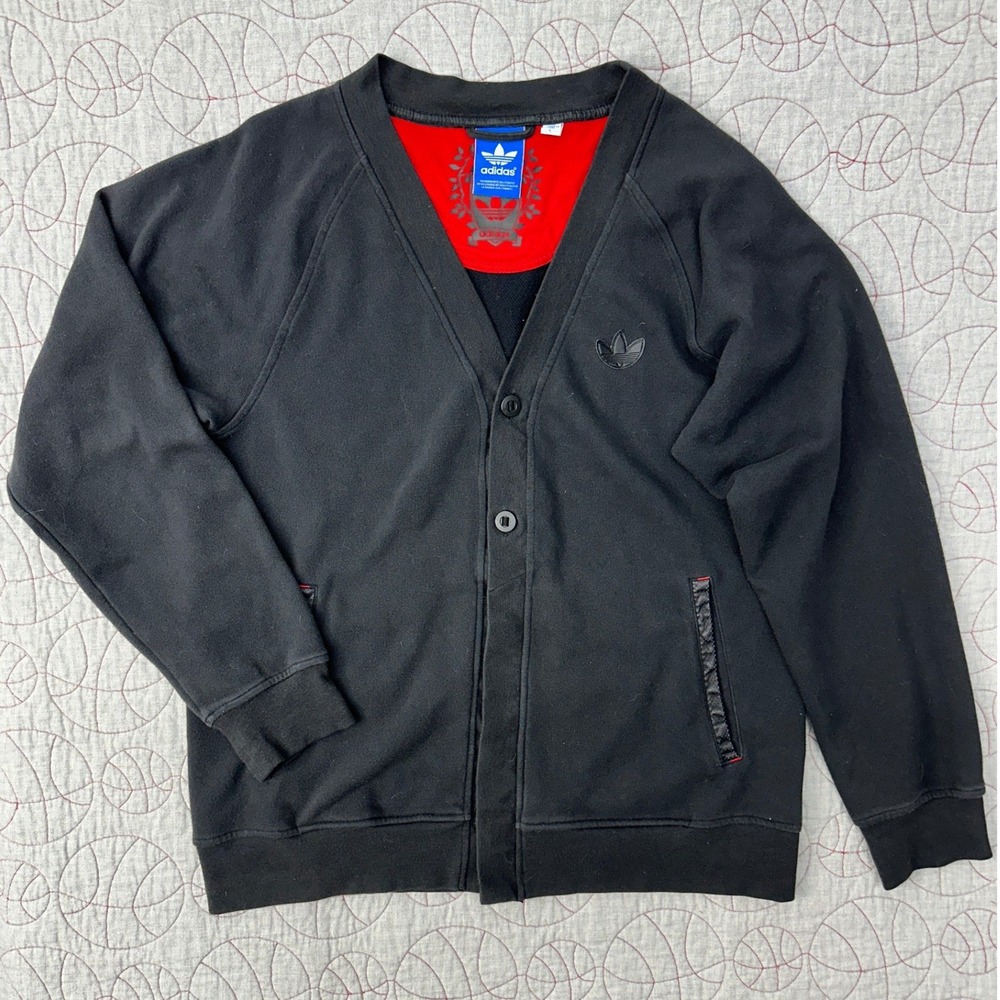 Adidas Gioia Cardigan Black Red Leather Logo Courtside / Mens Large